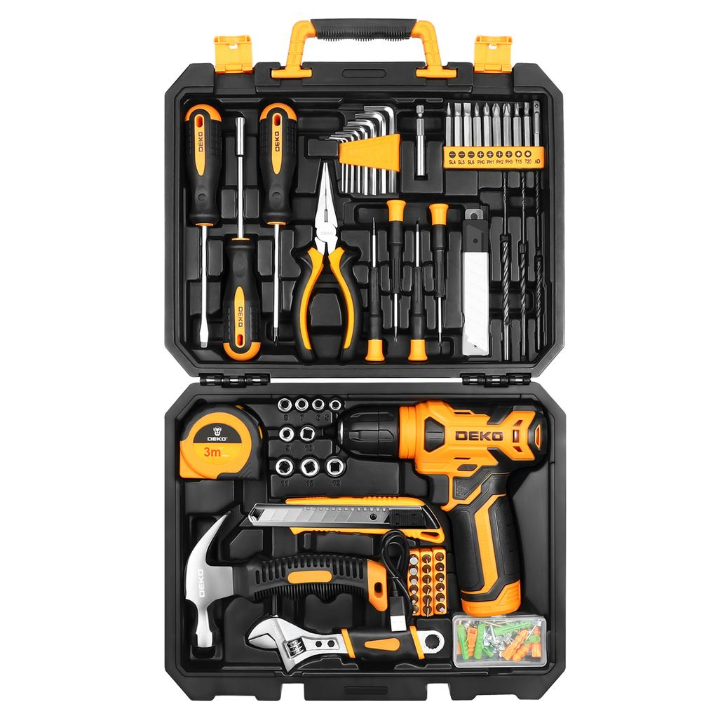 DEKO DKMT128/DKMT196 Домашний набор инструментов для DIY, Комбинированный набор для ремонта автомобилей, Набор ручных инструментов с пластиковым ящиком для инструментов, Отвертка, Молоток