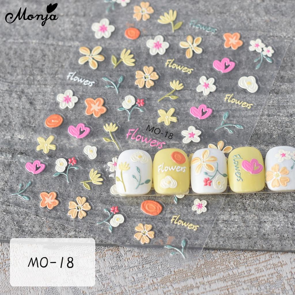 monja 6 вариантов 5D наклейки для ногтей Симпатичные тисненые цветочные серии Рельефы Клейкие наклейки Цветочный узор в виде листьев Аппликация «Белый кролик и облака»