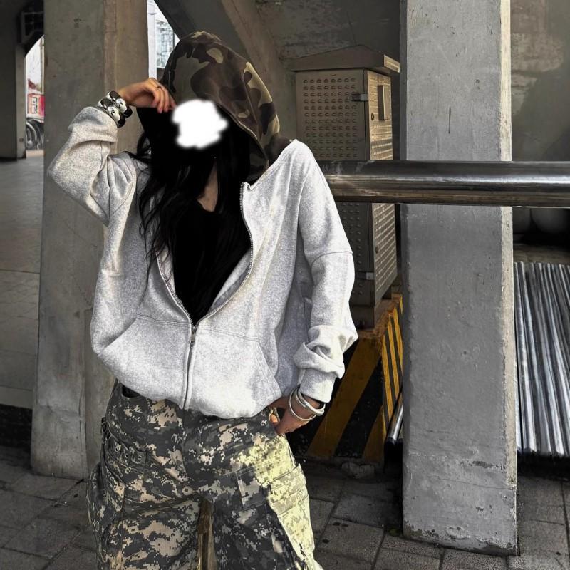 Oversized Hooded Zip-Up Sweatshirt Camo Print Unisex Lightweight Streetwear Pullover