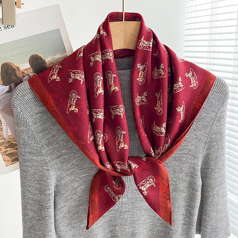 Women's French Red Cotton Silk Blend Scarf – 70CM Neck and Headscarf, Spring/Autumn Fashion Accessory