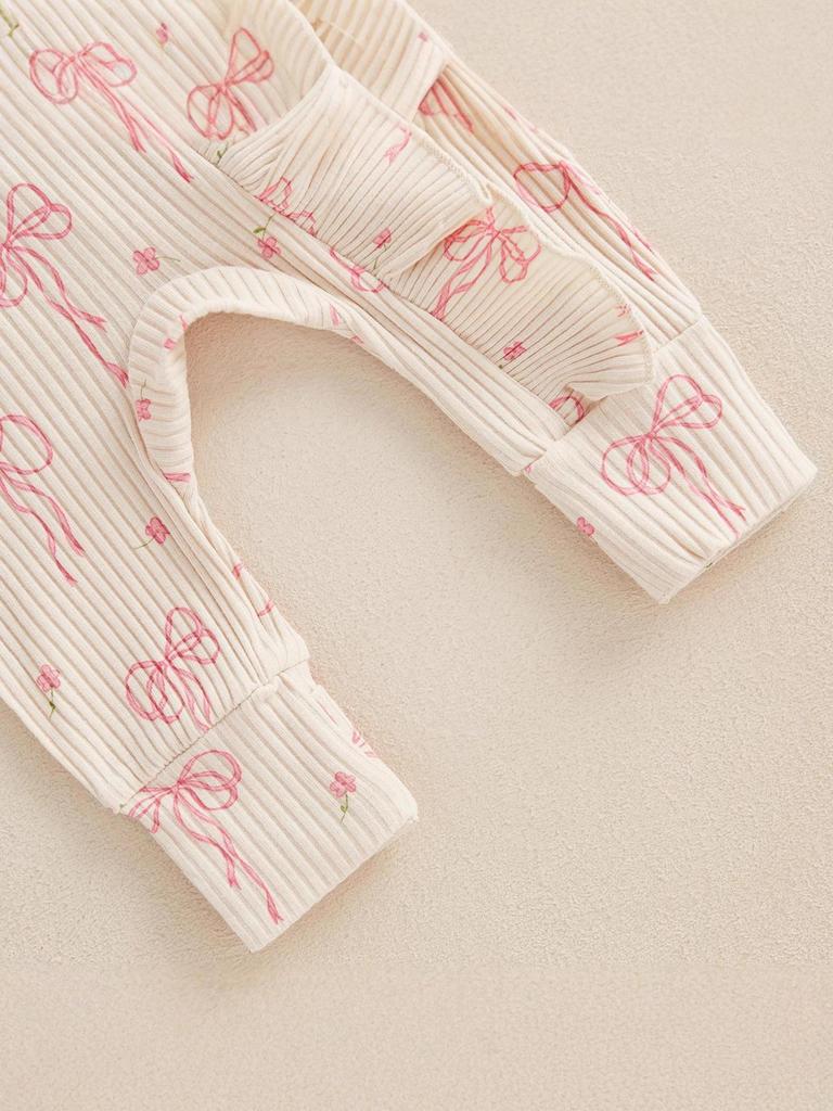 Боди с принтом бабочек, длинным рукавом и бантом - Хлопковый в рубчик для новорожденных, Весенне-осенний стиль