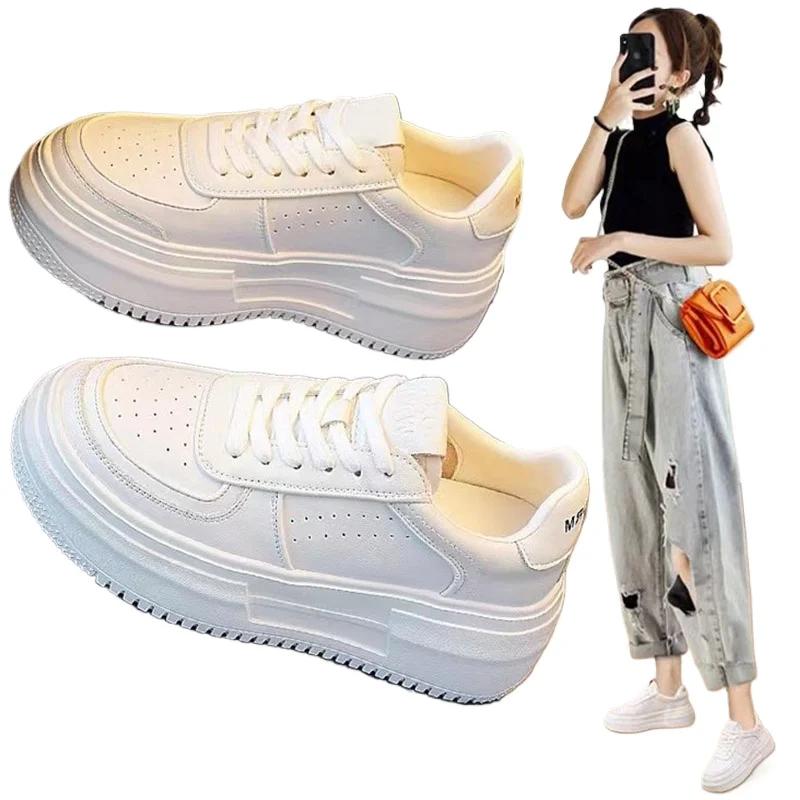 Новая женская повседневная обувь из кожи и сетчатой ткани, белые кеды на вулканизированной подошве, дышащая спортивная обувь для ходьбы и бега на платформе