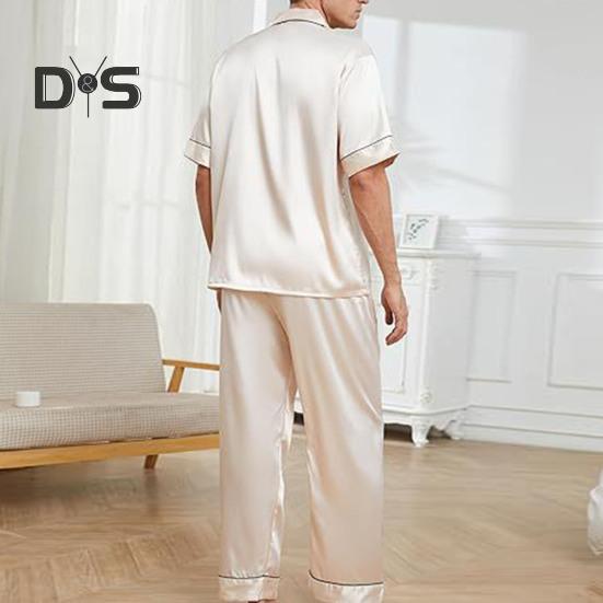 2 шт./компл. шелковый атласный мужской пижамный комплект с воротником-стойкой на пуговицах, верх пижамы с нагрудным карманом, эластичный пояс, комплект одежды для сна