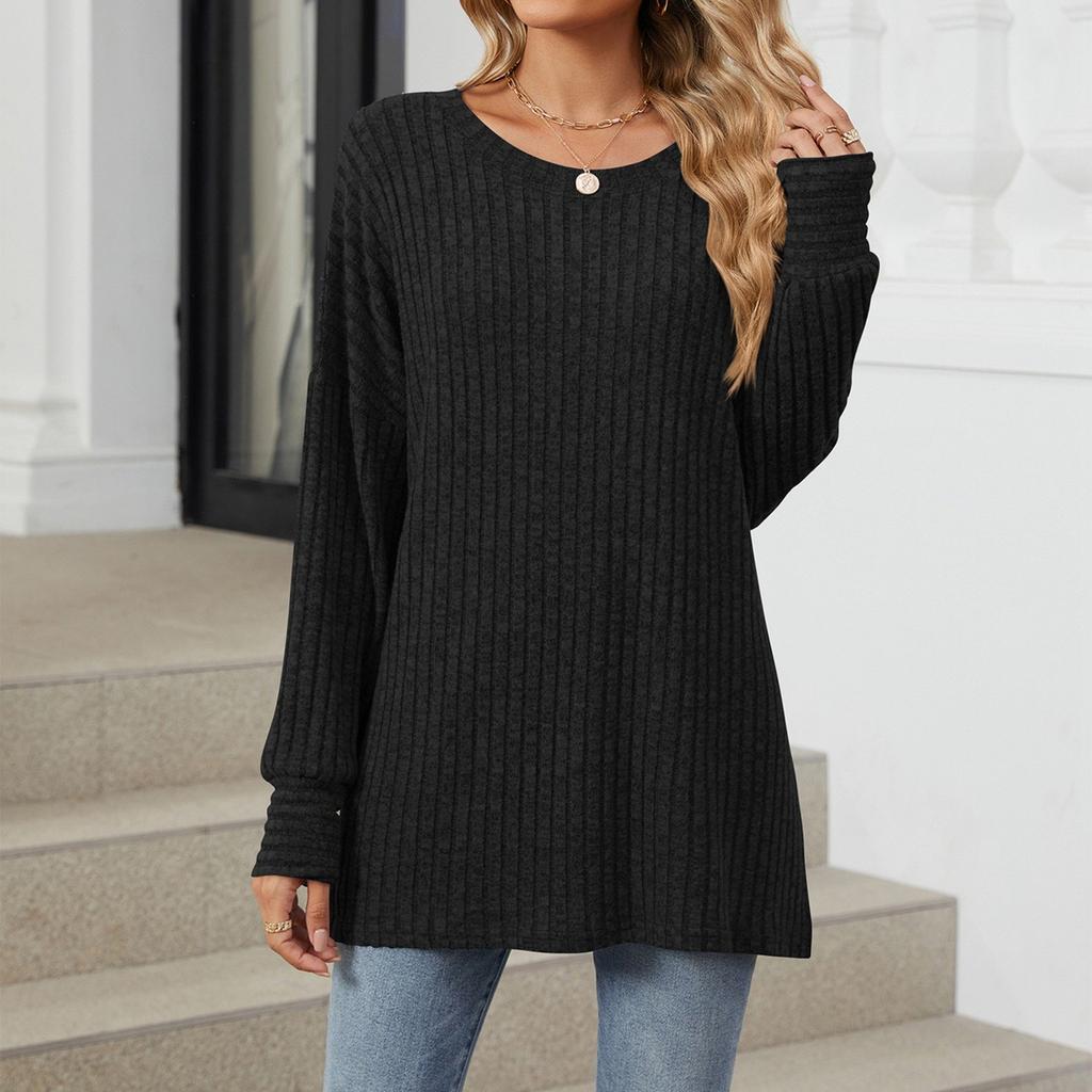 Женская мода, повседневный однотонный свободный пуловер с круглым вырезом и длинными рукавами