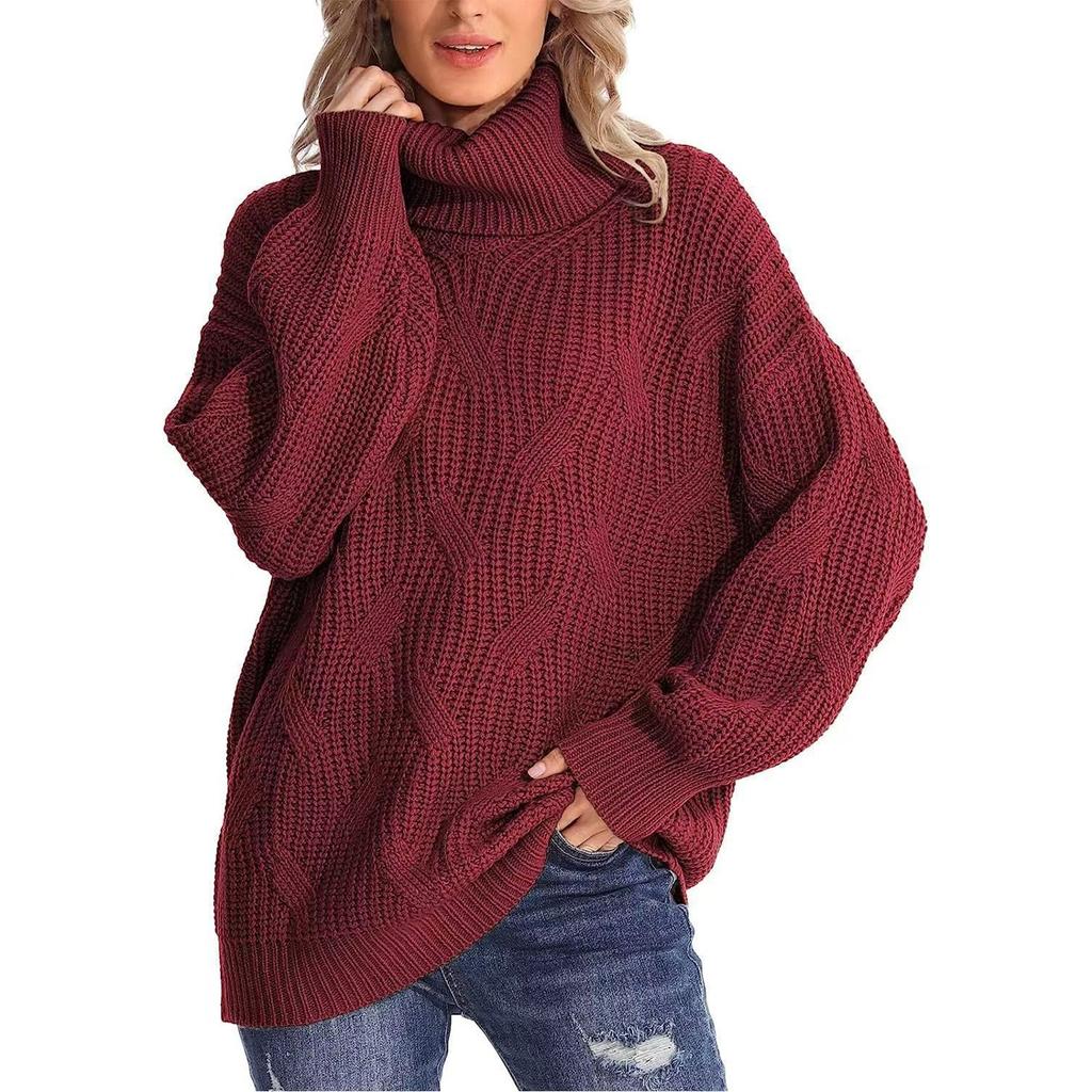 Women's Fashion Loose High Neck Knit Pullover Top Long Sleeve Casual Sweater
