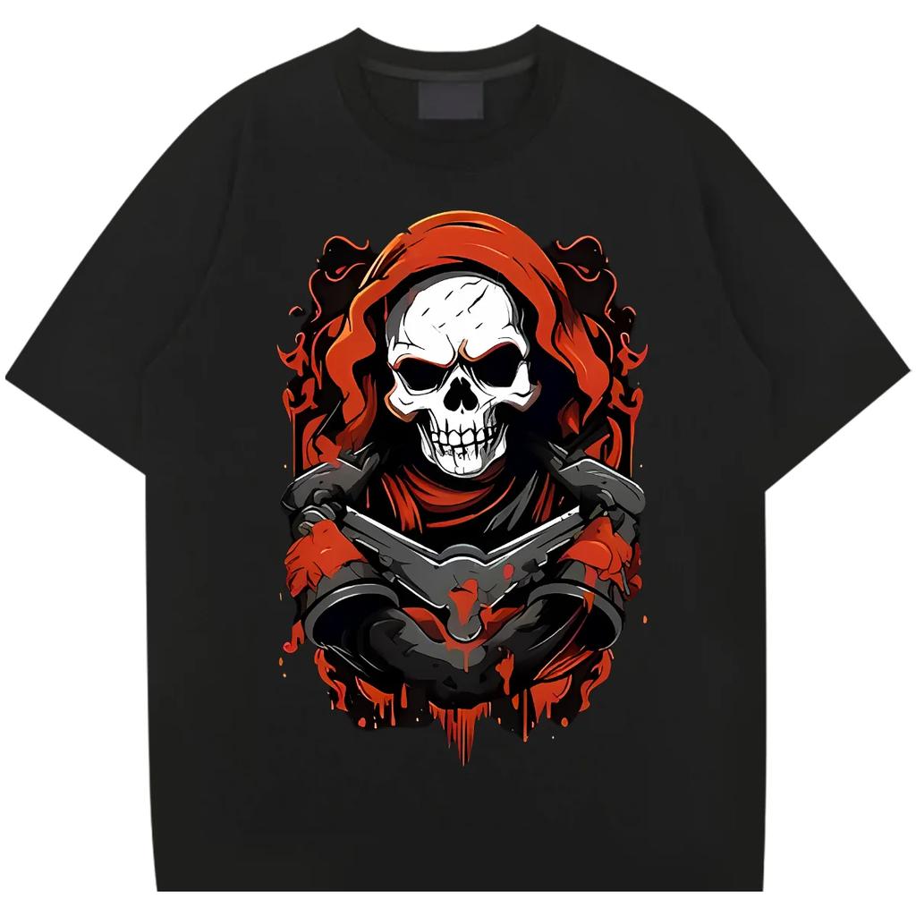 Футболка с черепами, оверсайз, свободная, с круглым вырезом, футболка Харадзюку, унисекс, повседневные футболки, удобная одежда для рэпера