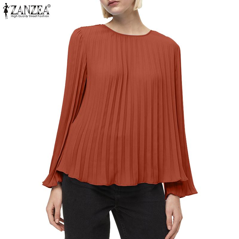 ZANZEA Женская повседневная блузка с круглым вырезом и длинным рукавом в складку