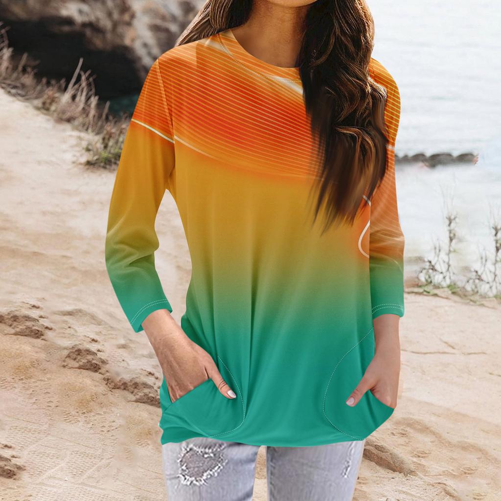 Женская модная повседневная футболка с карманом и круглым вырезом с рукавами 3/4 и топом