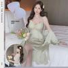 "Ice Silk Green Summer Nightdress & Robe Set with Chest Pad - Sexy & Lightweight Two-Piece"