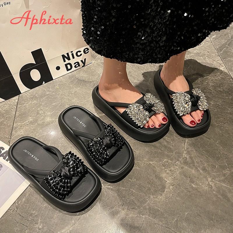 Aphixta New Women's Crystal Wedge Sandals Slip-On Platform Shoes with Thick Heel Summer Slides Casual Comfortable Beach Shoes