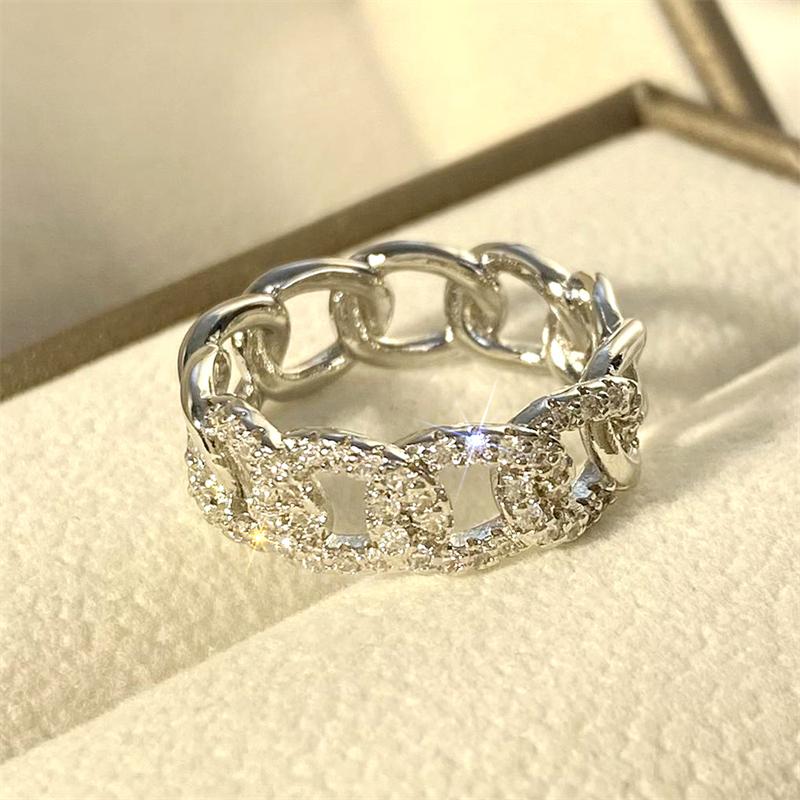 Huitan Chain Linked Design Finger Rings for Women Full with Dazzling Cubic Zirconia Statement Female Wedding Accessories Jewelry