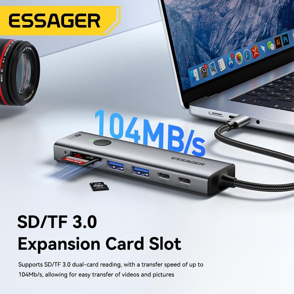 Essager USB C ХАБ 4K 7-в-1 Type C на HDMI PD 100 Вт SD&TF USB 3.0 5 Гбит/с Многопортовый адаптер для MacBook Ноутбука iPad Телефона Разветвитель