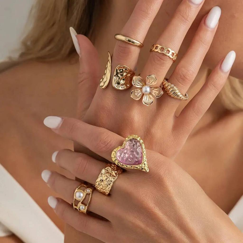 Ingemark 8Pcs/Set Exquisite Luxury Imitation Pearl Open Rings Women Pink Acrylic Rhinestone Heart Ring Couple Jewelry Gifts New