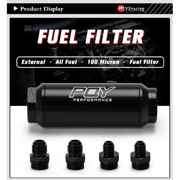 VR -Universal Car Racing In-Line Fuel Oil Filter With AN6/AN8 Fittings Adapter and 100 Micron Steel Element VR5565
