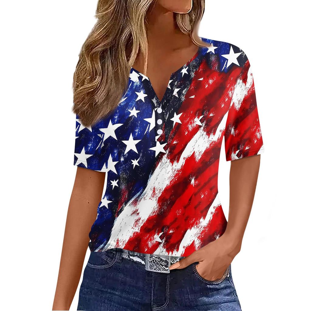 Women's T Shirt Independence Day Print Button Short Sleeve Daily Weekend Fashion Basic V- Neck Regular Top