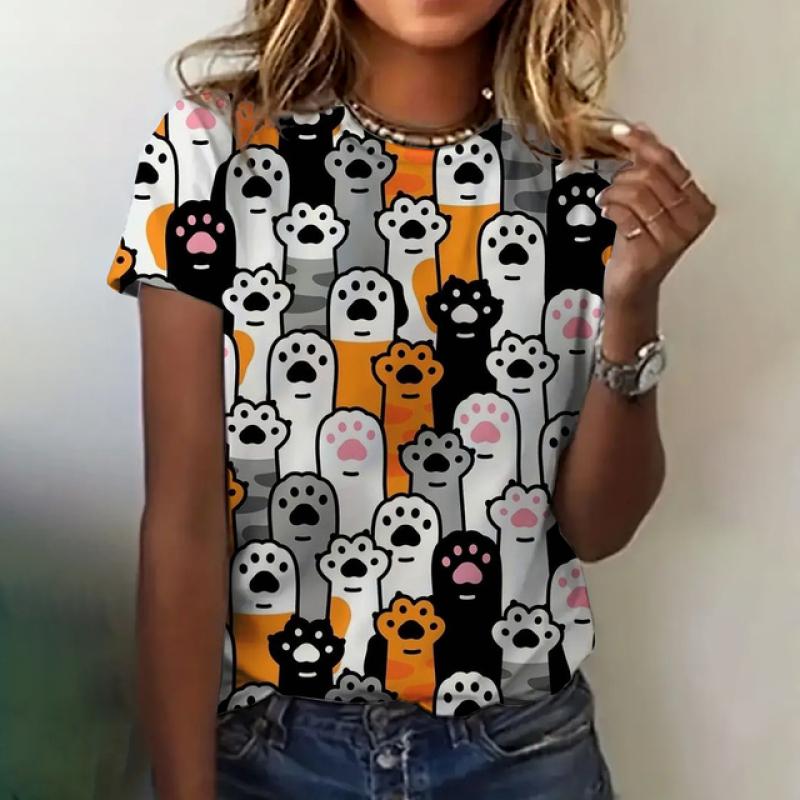 Женская модная футболка, летняя одежда с круглым вырезом, элегантная повседневная верхняя одежда с коротким рукавом и принтом кота, модная свободная футболка, женская одежда
