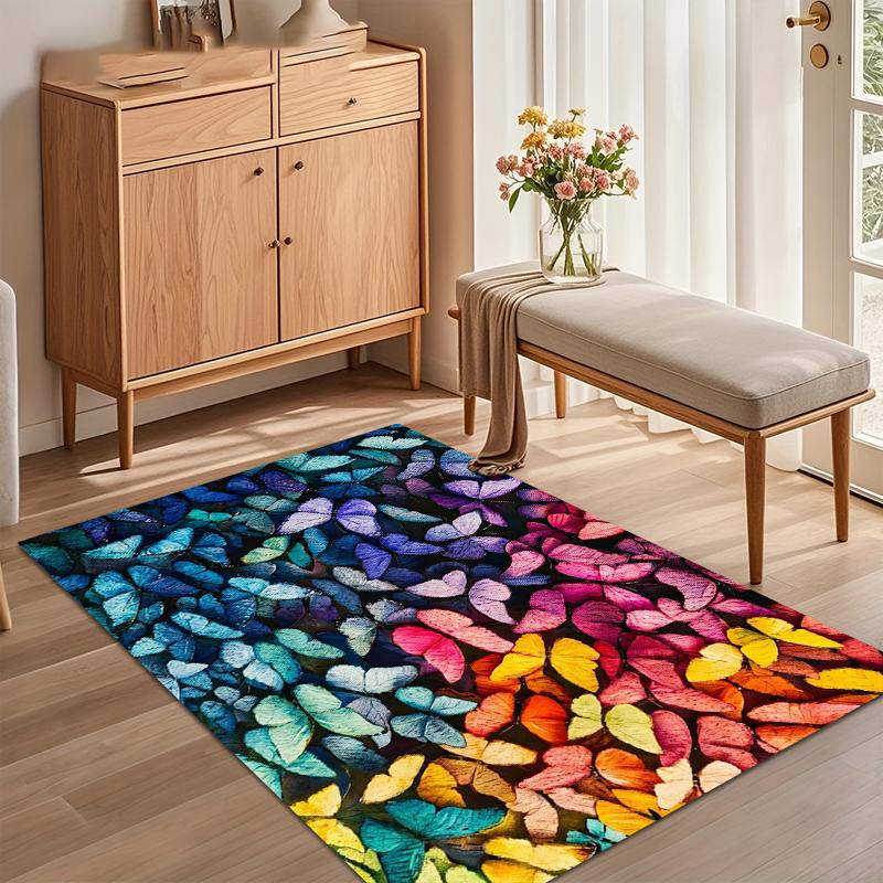 Multicolor Rainbow Butterfly Area Rug for Living Room Bedroom Whimsical Eco-Friendly Home Decor Soft Non Slip Washable Floor Mat