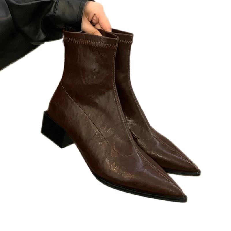 Массивные ботильоны женские остроносые туфли на среднем каблуке женские 2024 тренд зима новые готические челси снежные ботинки женские мотоциклетные ботинки