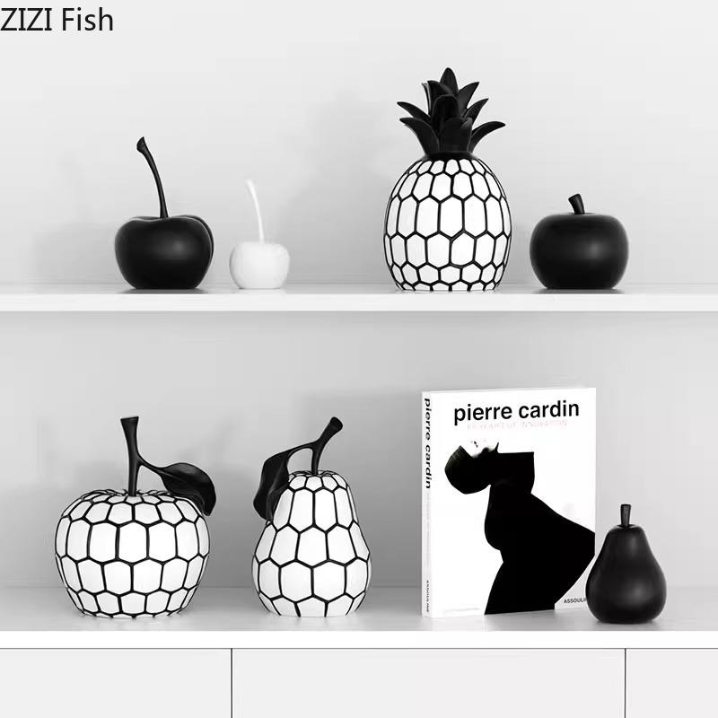Black and White Stripe Apple Pineapple Statue Desk Decoration Ornaments Minimalism Fruits Resin Sculpture Room Aesthetics Decor