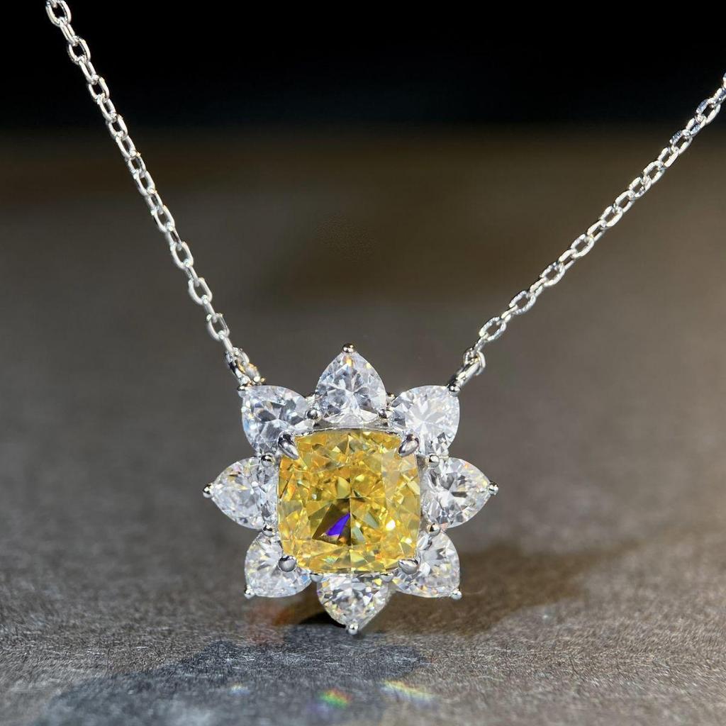 S925 Sterling Silver Sunflower Pendant Necklace with Luxury Pave Zircon for Women