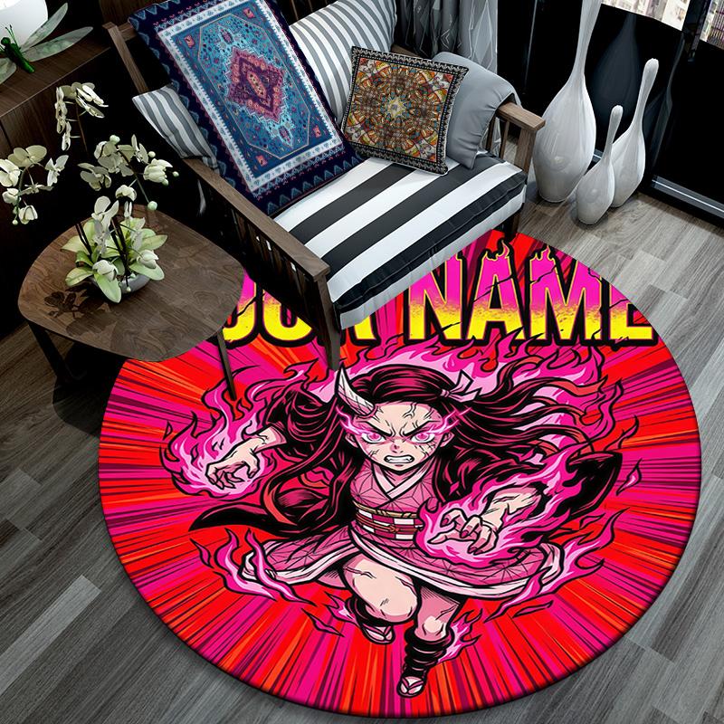 Custom Name,Nezuko Kamado pattern round rug,Carpet Rug for Living Room Bedroom Playroom ,Non-slip Floor Mat,Holiday Gifts and Birthday Gifts.