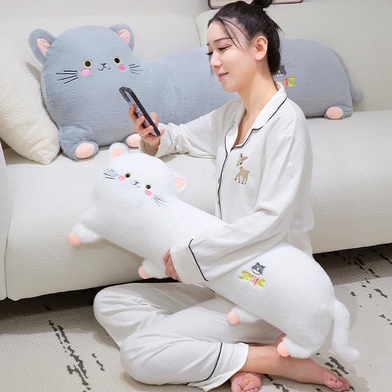 Adorable Gray White And Pink Plush Cat Pillow Soft And Cuddly For Childrens Playtime And Decor