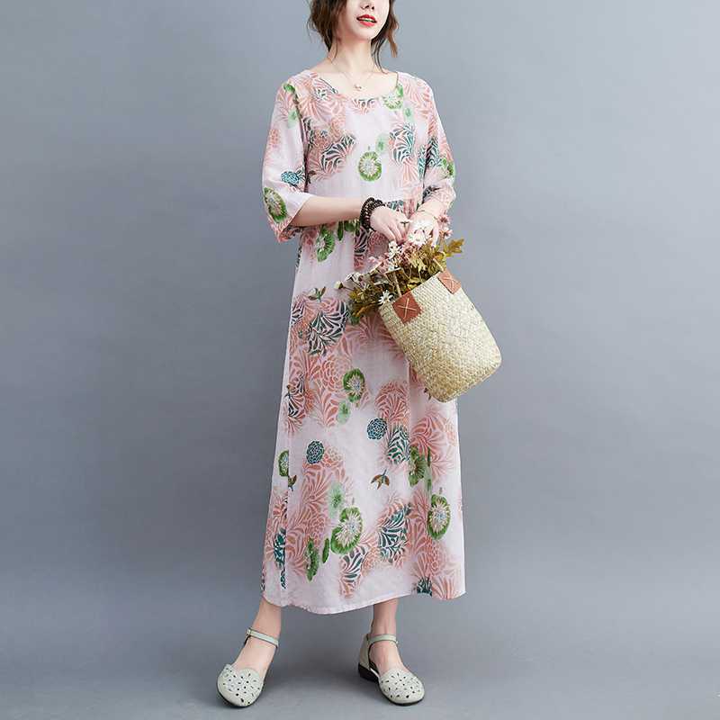 Летние новые большие размеры свободные тонкие круглые вырезы рукава пять минут женские платья для уменьшения возраста