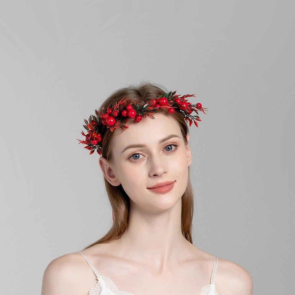 Flower Christmas Headband Crown Flower Headband Red Berry Garland Wreath Decoration Women Headwear