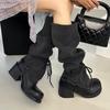 Women Knee High Boots High Heels Chunky Shoes 2025 Summer Chelsea Boots New Woman Heeled Shoes Lace Up Pumps Zapatillas