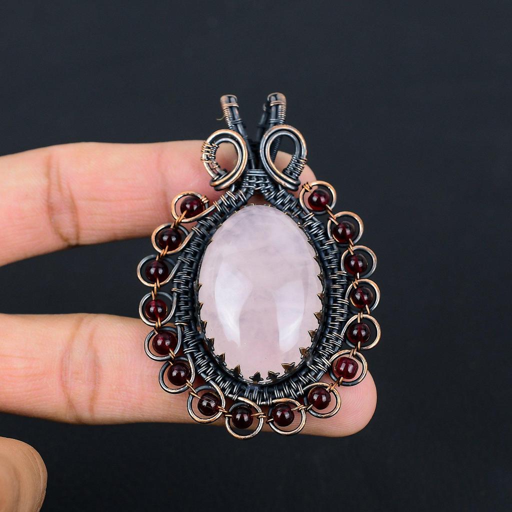 Rose Quartz Gemstone Pure Copper Wire Wrapped Handmade Pendant Jewelry