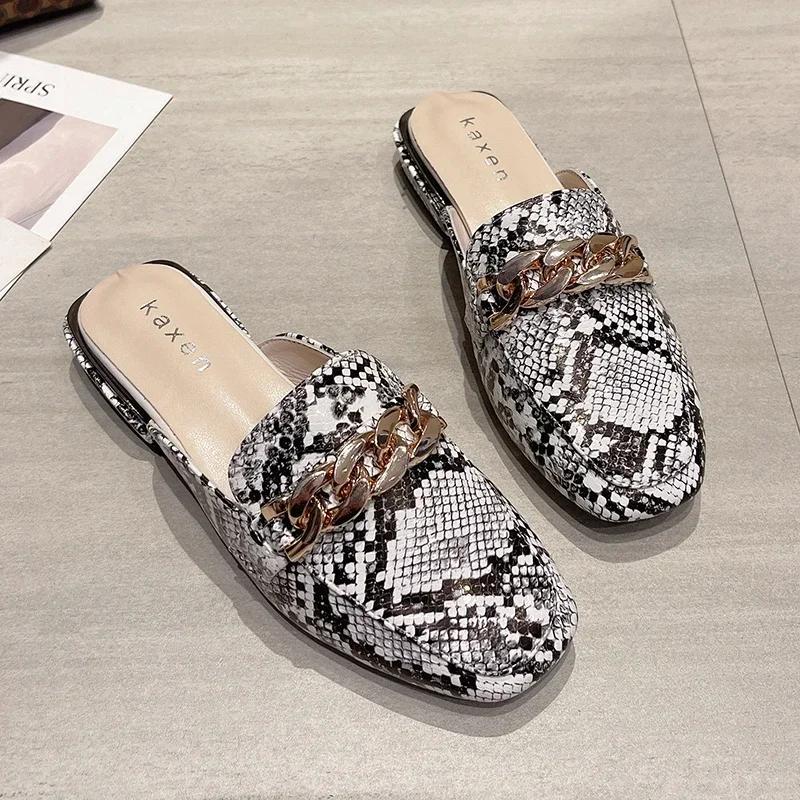 Women Slippers Snake Print Lazy Loafers Metal Chain Fashion Mules Square Head Low Heel Casual Sandals Color High Quality Slides