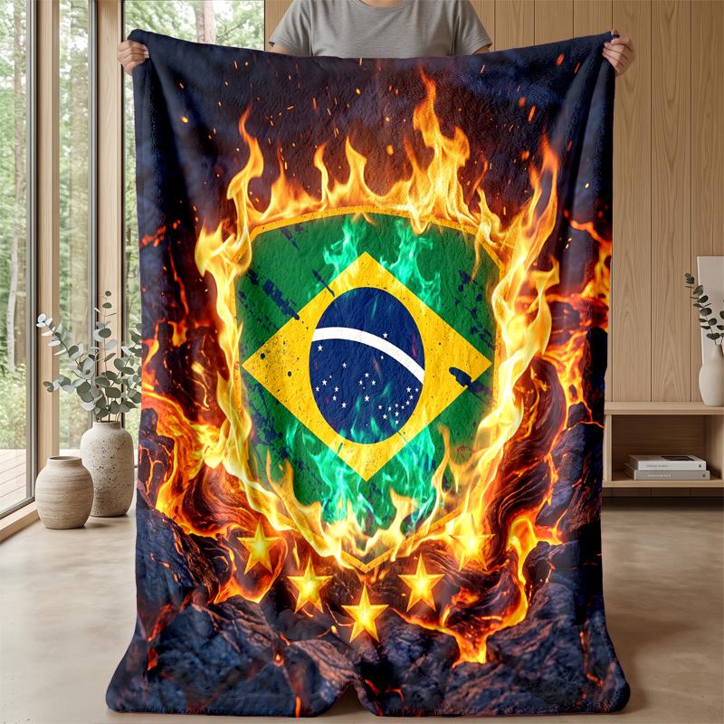 Brazil Football Printed Flannel Blanket Skin Friendly Warm Decorative Throw for Indoor Couch Bed Daily Use