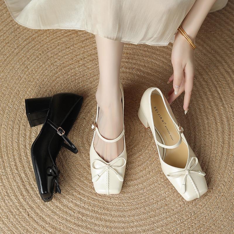 Shallow Mouth Mary Jane Shoes Female Bowknot Thick Heel Solid Color Square Toe Single Shoes High Heels All-match Autumntime