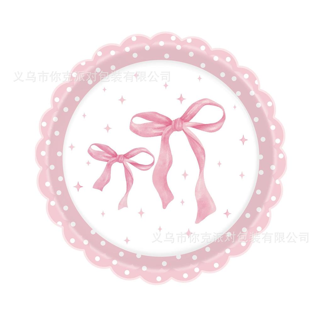 Кружевной розовый бант-тематический набор посуды для дня рождения девочки, одноразовые бумажные тарелки, декоративные элементы