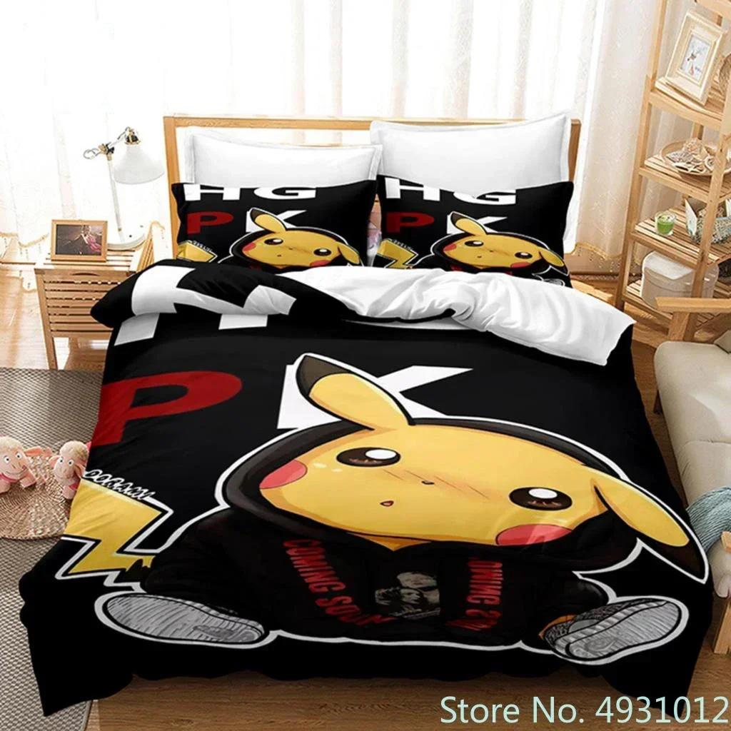 3D Anime Pikachu Bedding Set Duvet Cover Quilt Cover Pillowcase Double Queen King Size Baby Child Kids Bedroom Home Textile