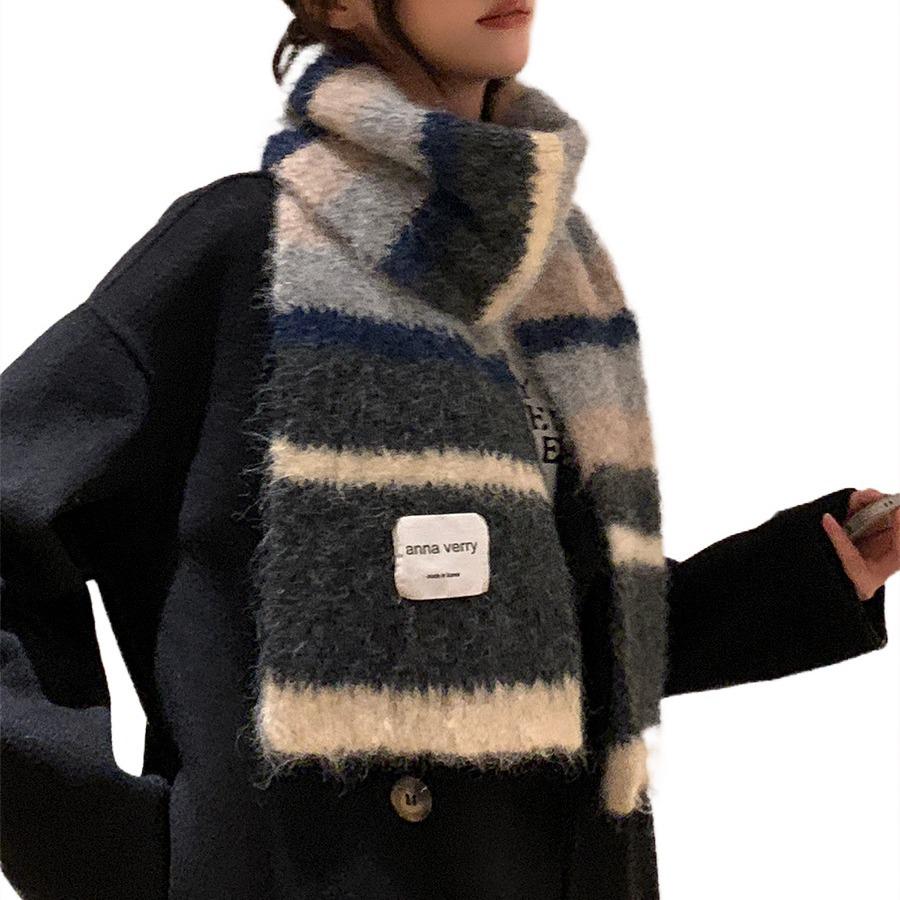 Зимний шарф из мохера в разноцветную полоску 2024 года: Универсальный, теплый, модный японско-корейский контрастный шейный платок для пар