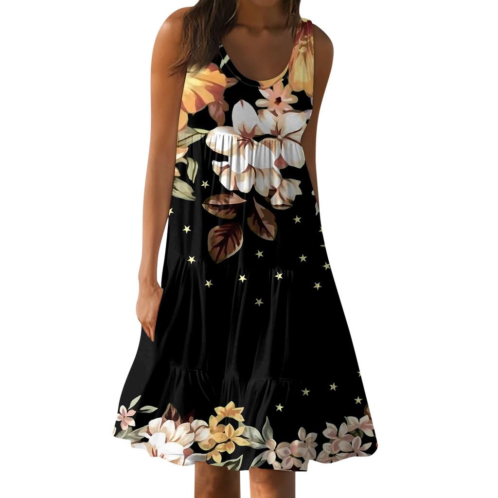 Гавайское платье для женщин, летние весенние плиссированные богемные платья, милые струящиеся пляжные платья без рукавов, прямые платья-майки, платья с круглым вырезом