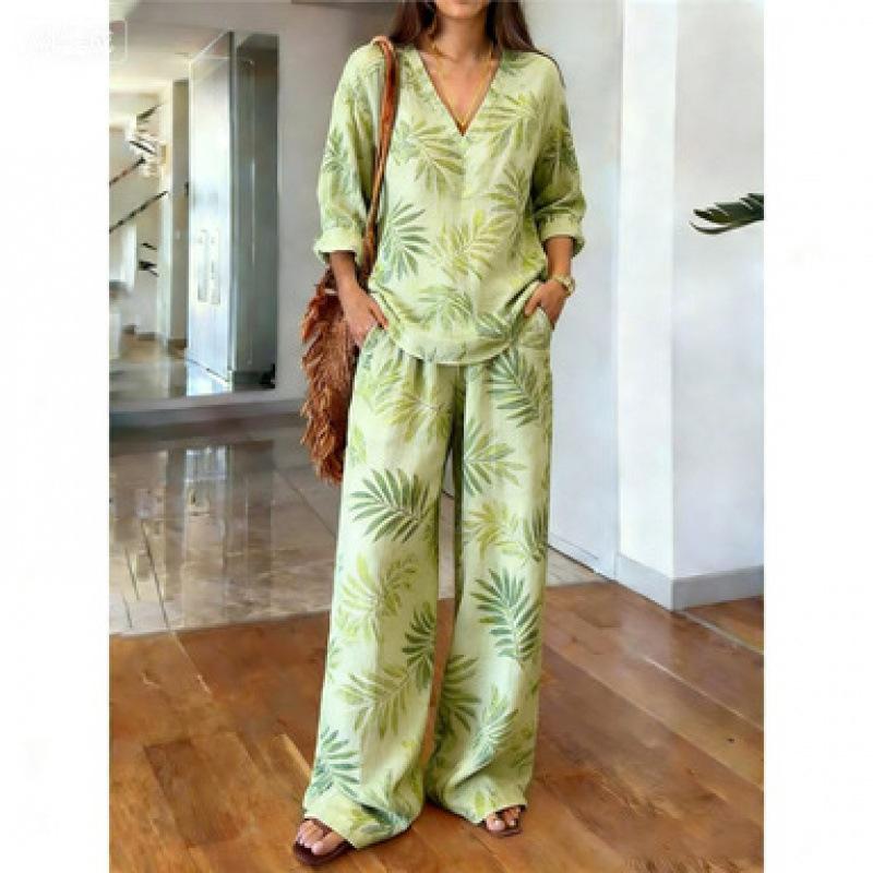 Spot Y1 bohemian V-neck top wide-leg pants two-piece women's clothing European and American fashion suit