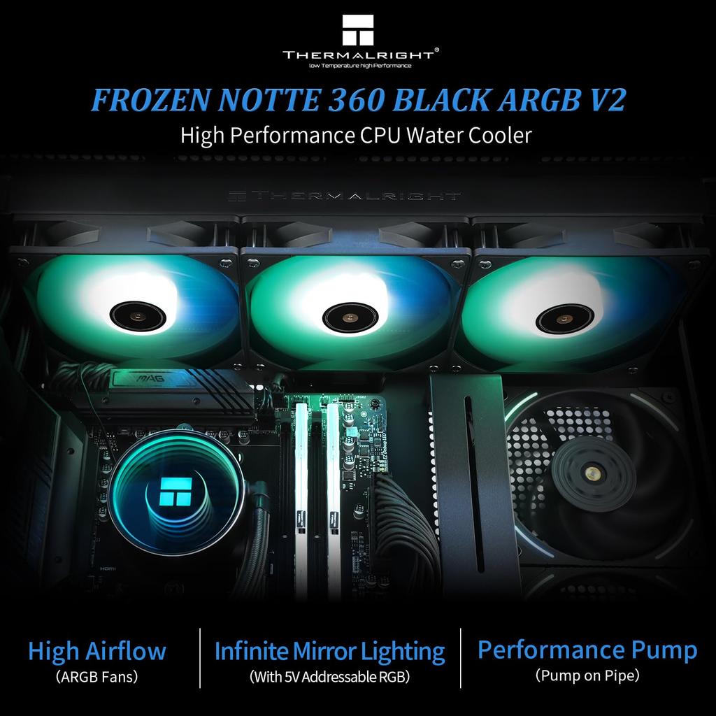 Thermalright Frozen Notte 360 BLACK ARGB V2 Liquid CPU 360 Black CPU Cooler Double PWM Compatible with Intel LGA Cooler, Specification, Fan, S-FDB