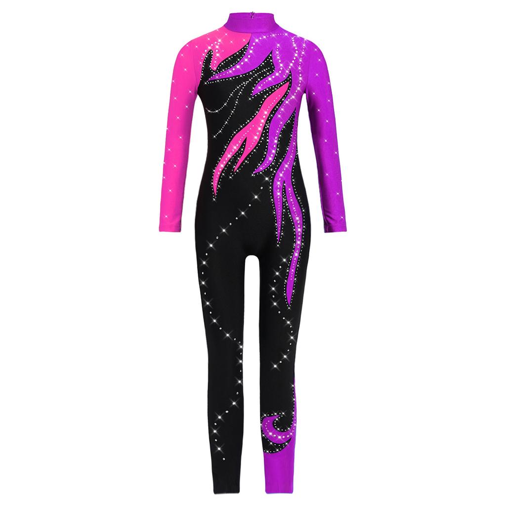 Девочки Цветной блок Гимнастический комбинезон Водолазка Длинный рукав Блестящие стразы Боди Комбинезон На все тело