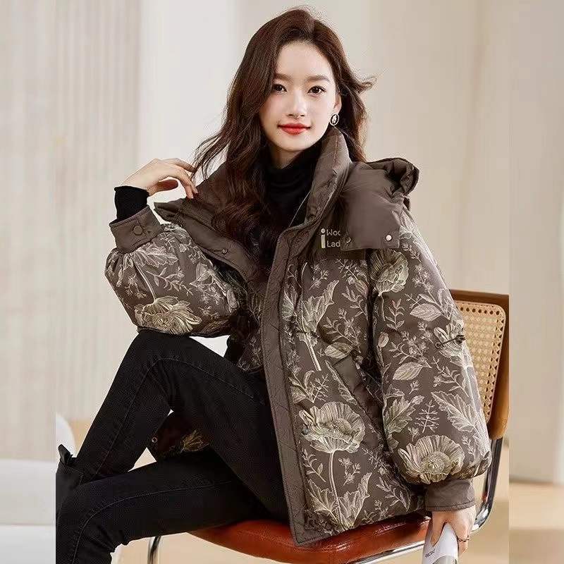 Women Stylish Winter Short Padded Coat Thickened Warm Jacket with Printed Design Petite Size