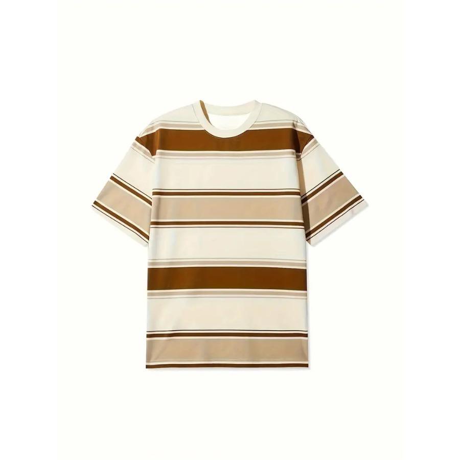 Футболка мужская с круглым вырезом и коротким рукавом - мягкая слегка эластичная полиэстеровая ткань, узор в полоску, повседневная, весна-лето