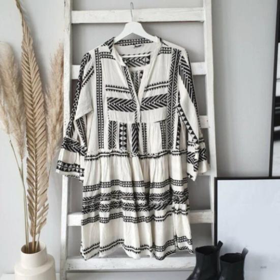 Women's Summer Pleated Short Dress Ruffled 3/4 Sleeve V Neck Button Up Mini Dress Boho Loose Flowy Beach Sundress
