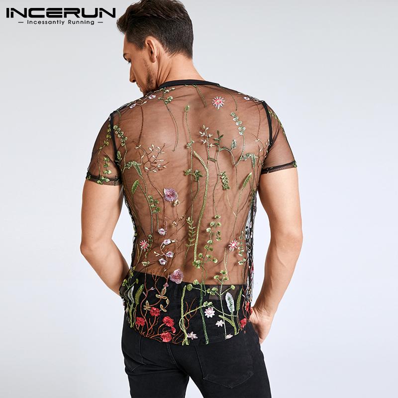 INCERUN Мужские прозрачные рубашки с короткими рукавами и вышивкой, тонкие летние топы для клубных вечеринок с перспективой