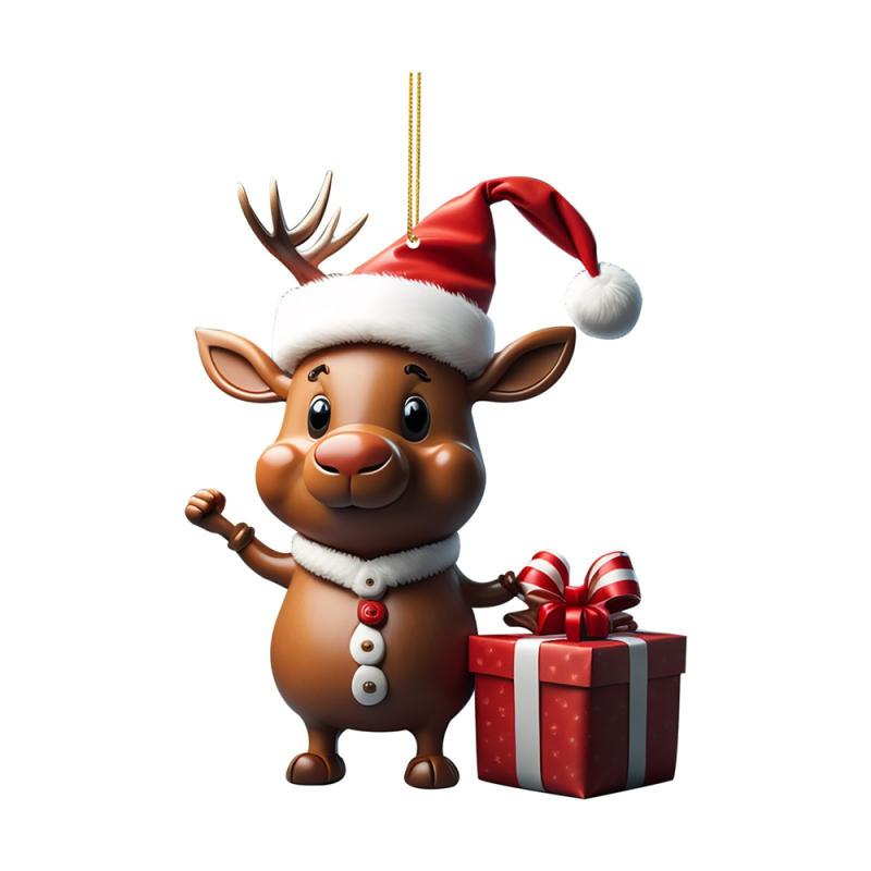 2025 Cartoon Deer Christmas Tree Pendant Christmas Party Atmosphere Cartoon Cute Santa Hat Deer Double Print Easter Decoration