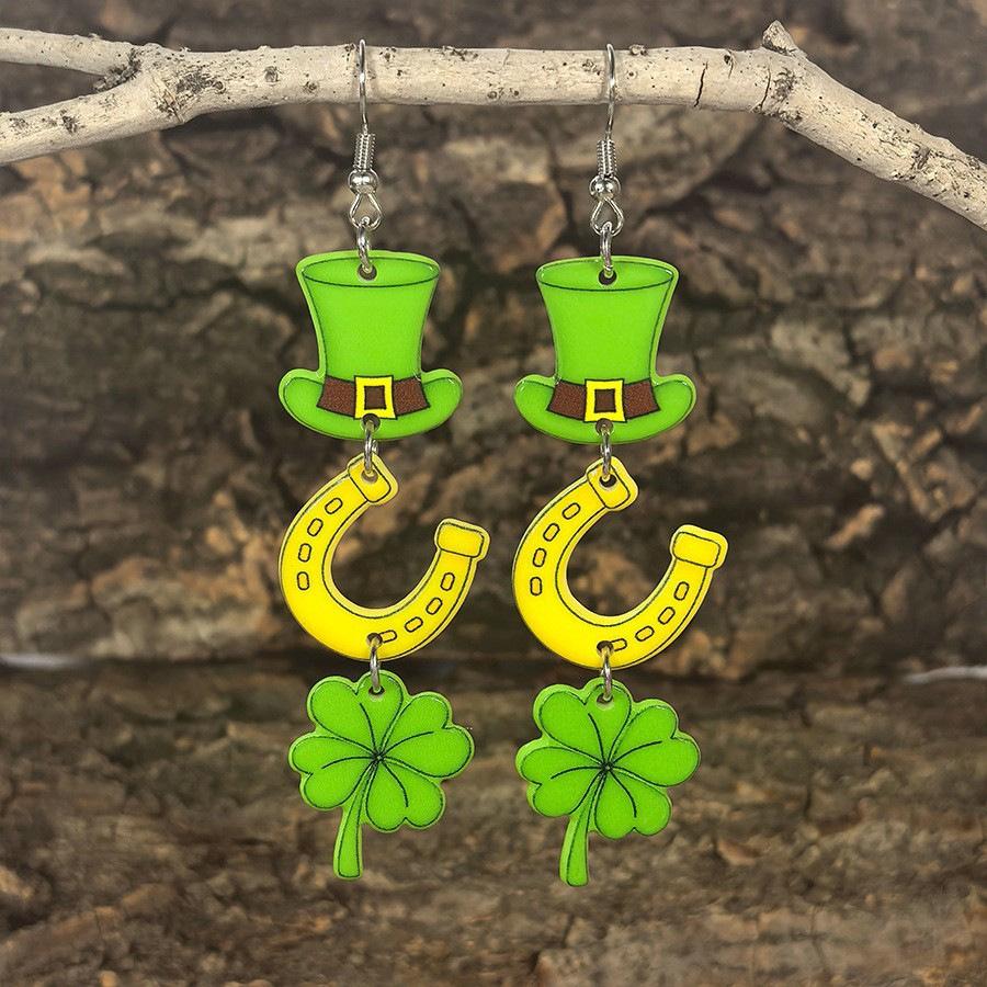 St. Patrick's Day Clover Earrings Irish Acrylic Green Leaf Clover Earrings Holiday Earrings Stud Earrings