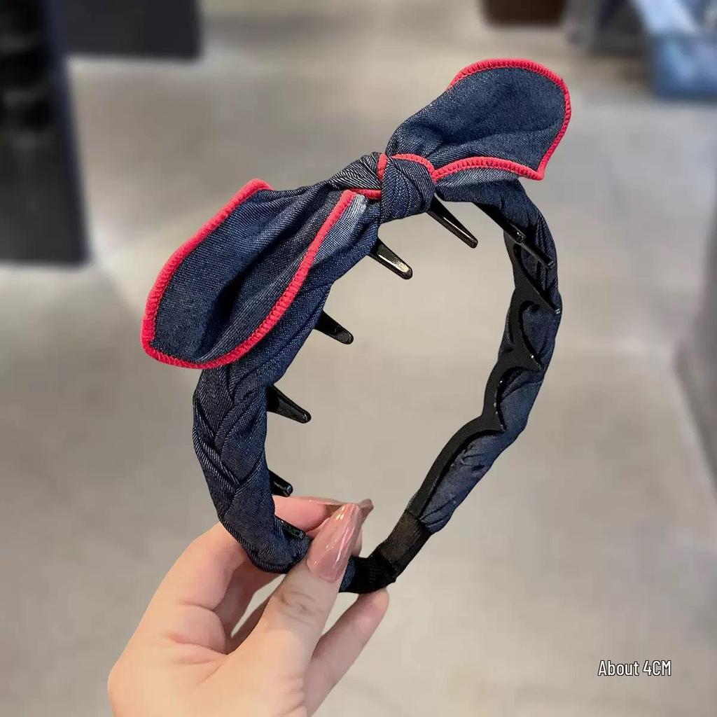 Корейская клетчатая темно-синяя повязка на голову с бантом и нескользящими зубцами для женщин