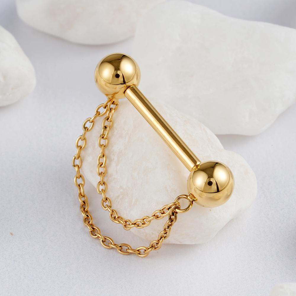 Right Grand ASTM F136 Titanium Threadless Push Pin Nipple Shield Ring with Double Chain Dangle 14G Barbell Piercing Jewelry