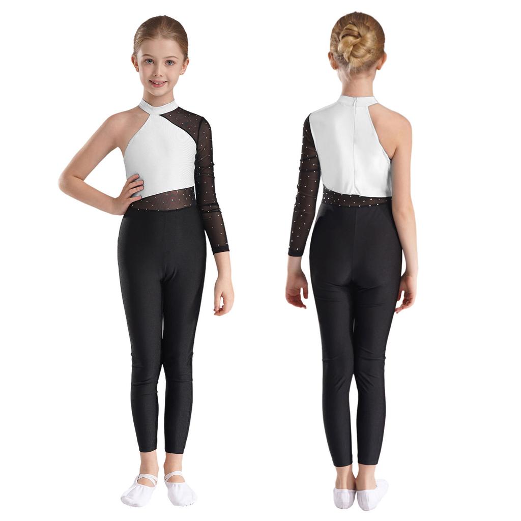 Girls One Mesh Sleeve Full Body Cover Jumpsuits Gymnastics Ballet Modern Dance Uniform Unitard Ice Skating Competition Costume