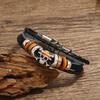 Hot Selling Mens Hand 3 Layer Braided Genuine Leather Bracelet with Beads Punk Skull Leather Bracelet Jewelry with Buckle